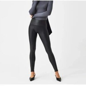 SPANX Faux Leather Leggings Power Waistband Stretch Smoothing Black Womens Small